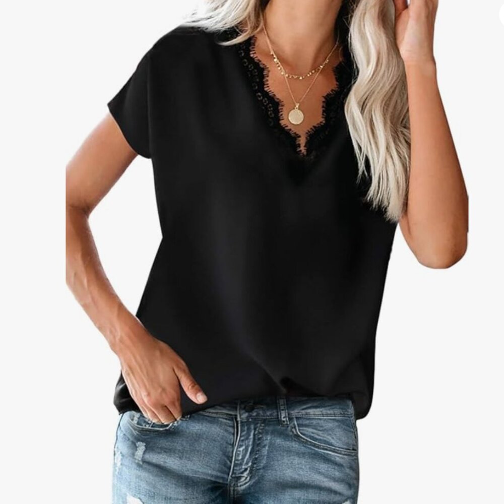 lime flare Dressy Lace Trim Blouse Tops Popular Short Sleeve Shirt - Black Small